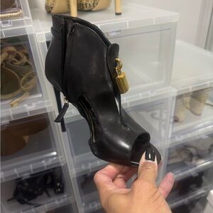 Black Leather Peep-Toe Ankle Boots